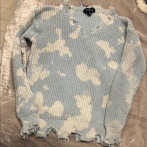 Flowers by Zoe Blue and White Distressed V-Neck Sweater